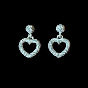 Vintage Open Heart Drop Earrings Textured Silver Dangle Stud Victorian